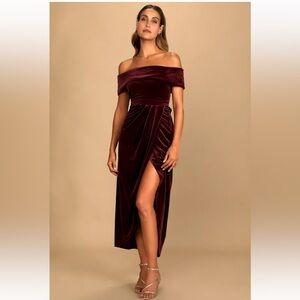 Lulu's Off the Shoulder Burgundy Velvet Slit Gown
